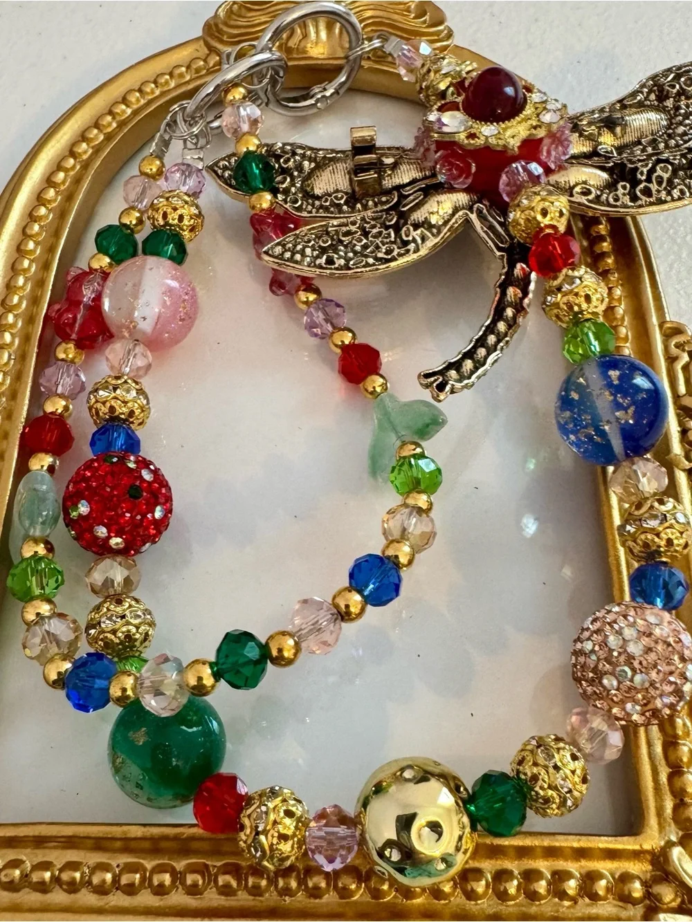 New Multicolor Crystal Dragonfly Charm Phone Chain - Gold Accents
